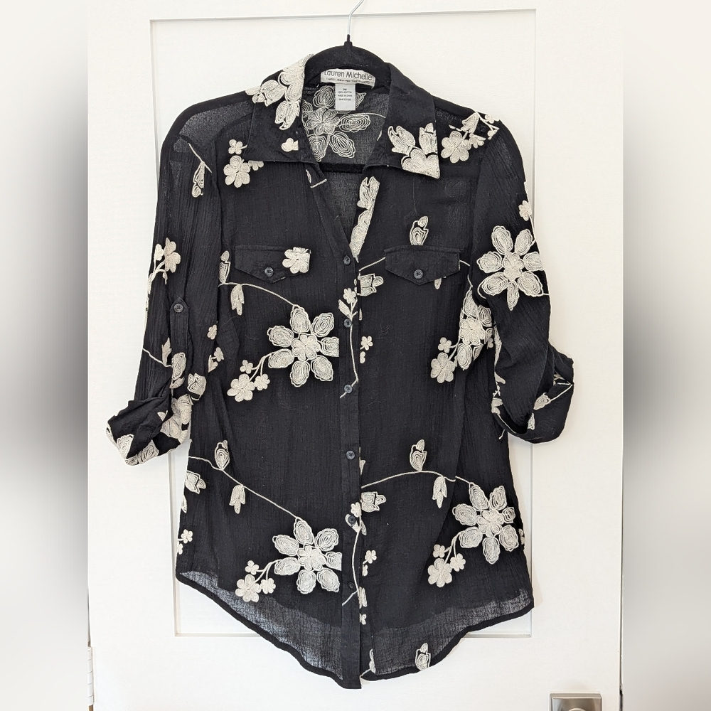 Lauren Michelle Floral Embroidered Black Button Up Blouse